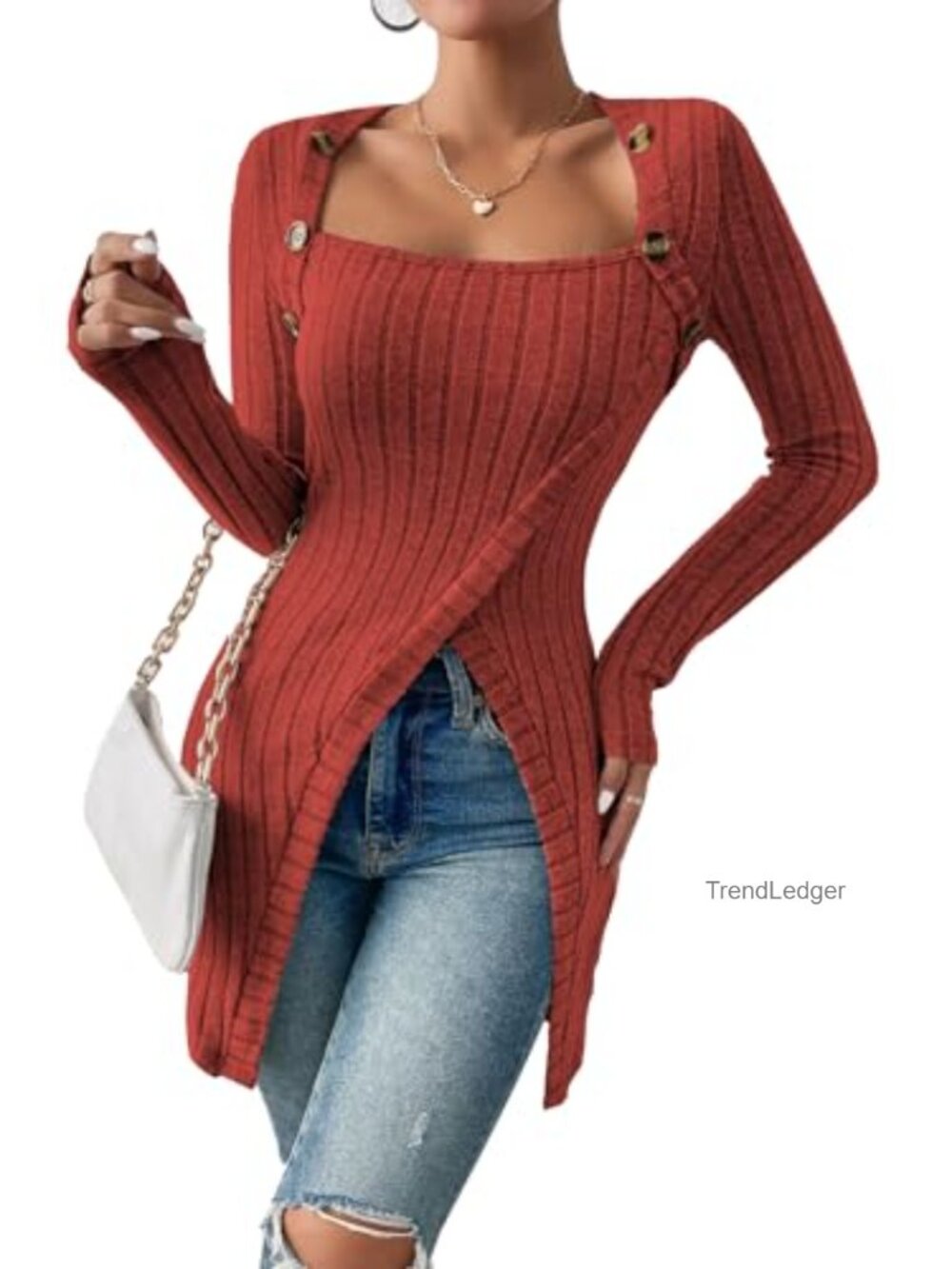 Womens Ribbed Knit Tunic Sweater Square Neck Long Sleeve Pullover